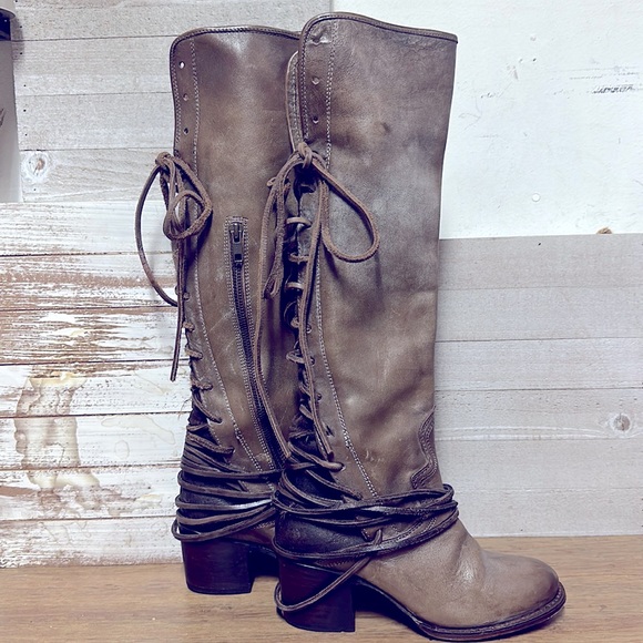 Freebird by Steven Shoes - Free Bird By Steven coal lace up leather brown tan rustic heel wrap boots